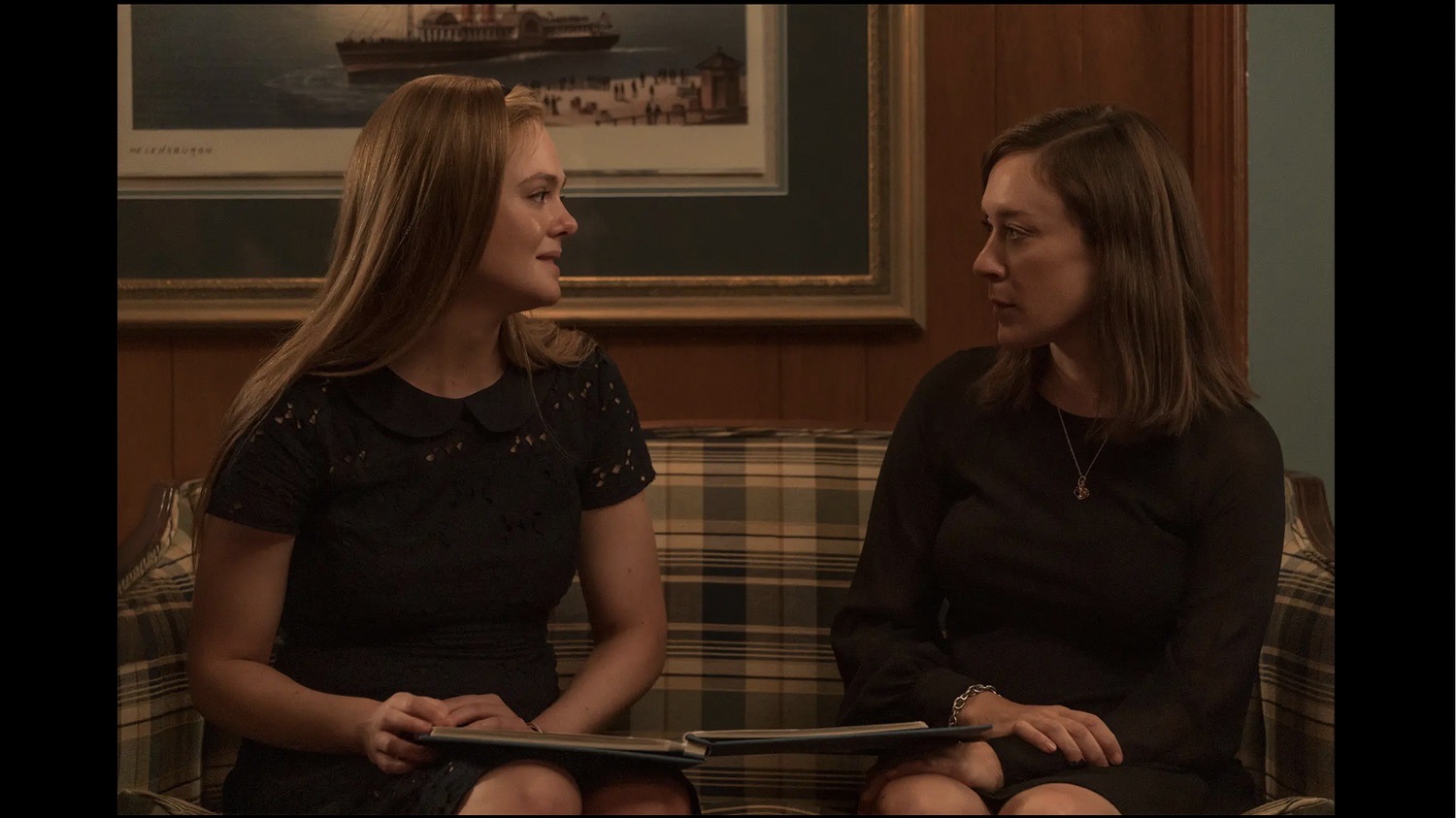 Elle Fanning and Chloë Sevigny in dark dresses, The Girl from Plainville